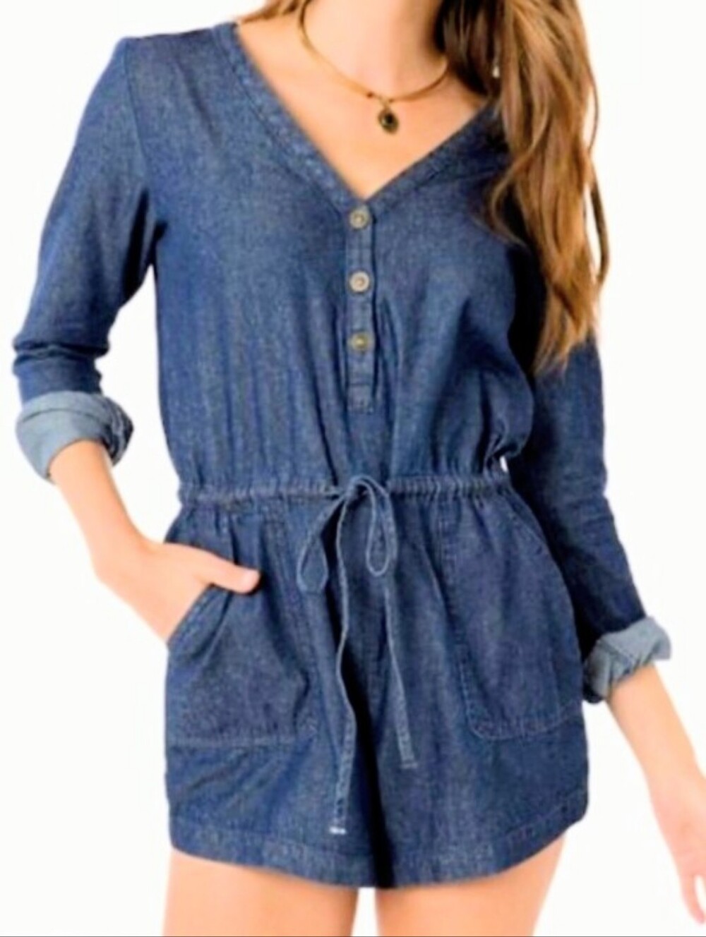 O'Neill Women's Blue Denim Shorts Romper Drawstring Waist XS